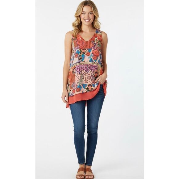 NWT ZAC & RACHEL Blouse Medium Coral Blue Tunic Lined Layered Asymmetrical Hem - Picture 1 of 13